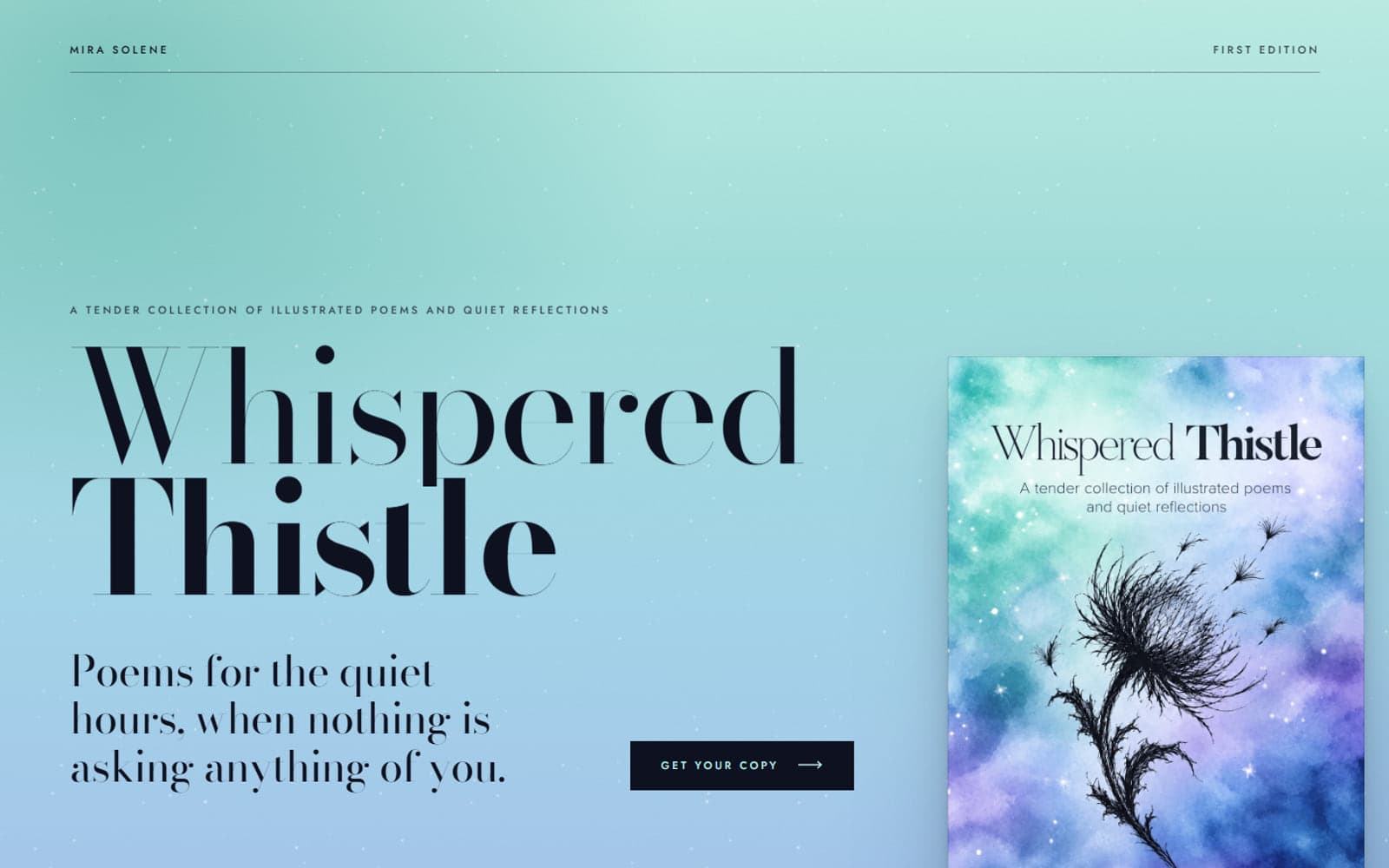 Whispered Thistle — a sample site for an illustrated poetry collection, its title set huge on a mint-to-lavender wash beside the book’s watercolour cover.