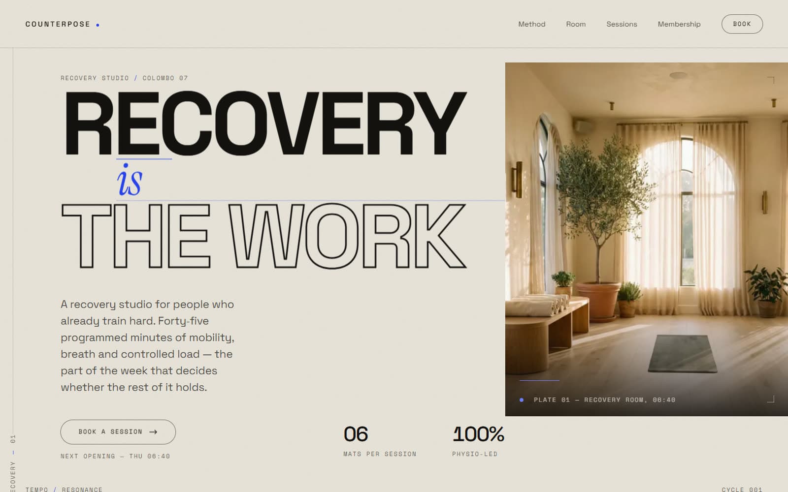 Counterpose — a sample site for a recovery studio, with oversized editorial type beside a photo of a sunlit studio room.